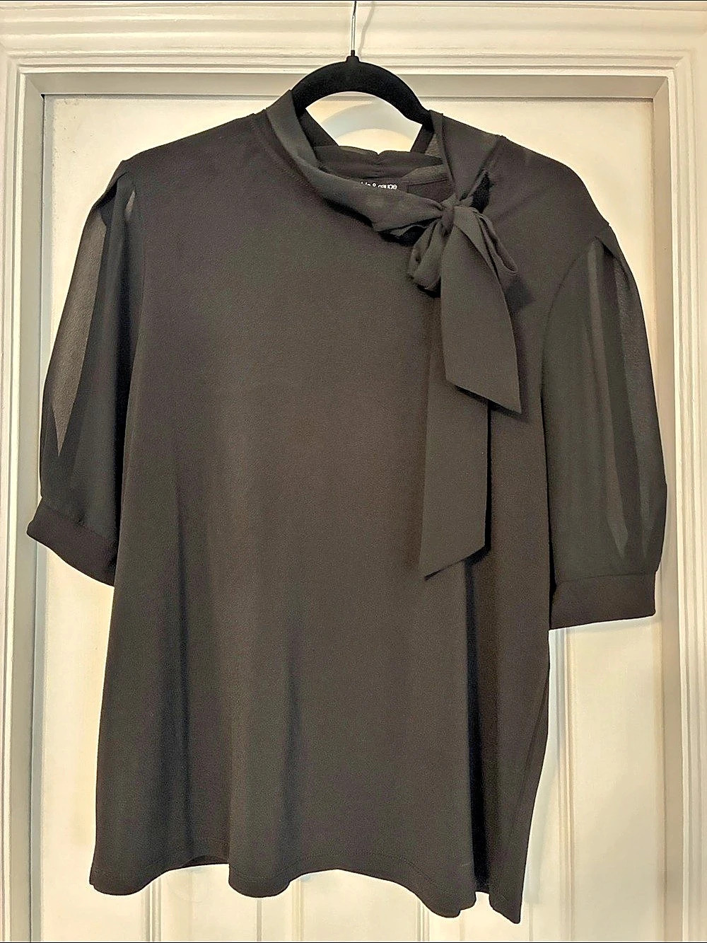 Tie-Neck Short-Sleeve Puff Blouse Puff Blouse Black Size XL